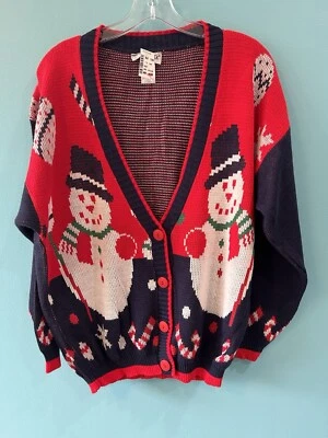 Винтажный новый с Ярлыками 80-х/90-х годов праздник Рождество кардиган свитер снеговик конфеты трости Xmas - Изображение 1 из 4
