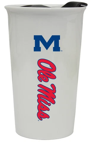 OLE MISS REBELS 12OZ CERAMIC TUMBLER-UNIVERSITY OF MISSISSIPPI TRAVEL MUG w/ LID Cover