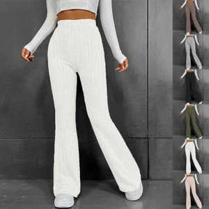 Women Ribbed High Waist Flared Long Pants Ladies Yoga Gym Loose Trousers Bottoms - Picture 1 of 31