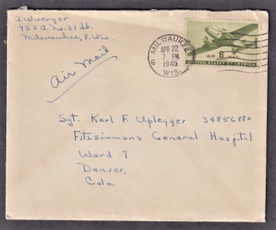 US #C26 TWIN MOTOR TRANSPORT ON MILWAUKEE TO DENVER COVER 1945 - Image 1 of 2