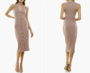 NWT SOCIALITE Ribbed Body-Con Button-Up Midi Dress Nude Size Small - Picture 1 of 8