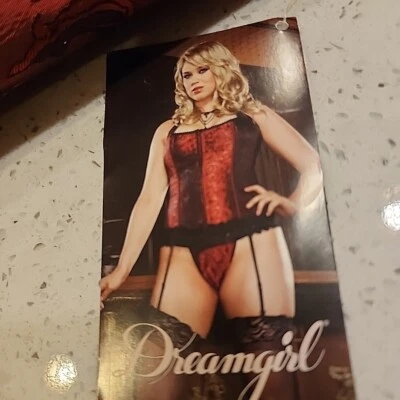 Dreamgirls 紧身胸衣 44 黑色红色眼钩系带全新带标签 Vibes 吊袜带 — 第 1/4 张图片