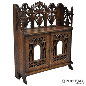 Antique Gothic Arts & Crafts Black Forest Walnut Carved Small Wall Curio Cabinet - Picture 1 of 12
