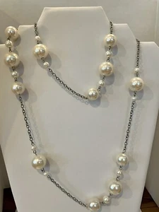 Vintage Faux Pearl 30” Long Chain Necklace Silvertone F302 Bridal - Picture 1 of 8