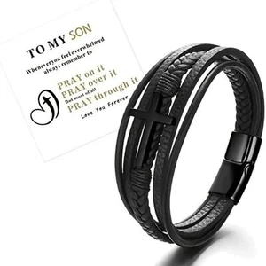 New Multi-layer Braided Leather Stainless Steel Black Cross Charm Bracelet OSFA - Picture 1 of 3