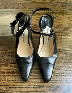 MANOLO BLAHNIK Talla 39 Negro Tobillo Envolvente Cuero Correa Tacones - Imagen 1 de 10