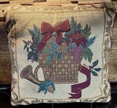 Vintage Woven Tapestry Christmas Pillow 16” Holiday Basket Bow Horn - Image 1 of 4