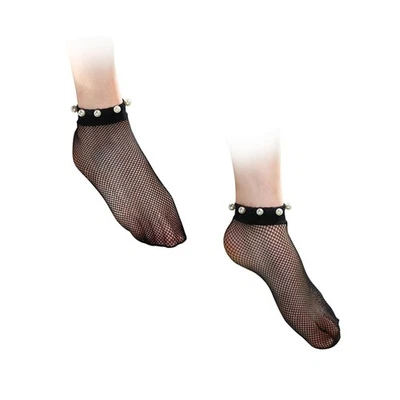  Calzini a rete da donna alla caviglia Calzini a rete trasparente con perline di - Immagine 1 di 4