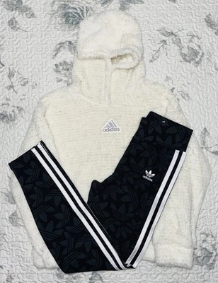 Niñas Adidas Crema/Plateado Sherpa Sudadera con Capucha y Negro Trifolio Leggings Talla/M (10-12) Foto 1 de 4
