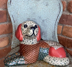 Patchwork Decoupage Welpe Hund Figur schwer Keramik Porzellan Vintage - Bild 1 von 16