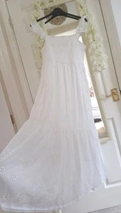 Gorgeous White Cotton Broderie Anglaise Floral Shirred Summer Dress 👗 L XL - Picture 1 of 11