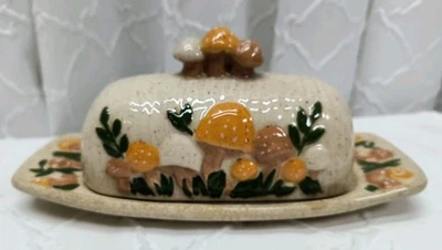 Vintage Handpainted Ceramic Butter Dish Mushrooms Retro Country Cottage 9-3/16"  - Image 1 of 4