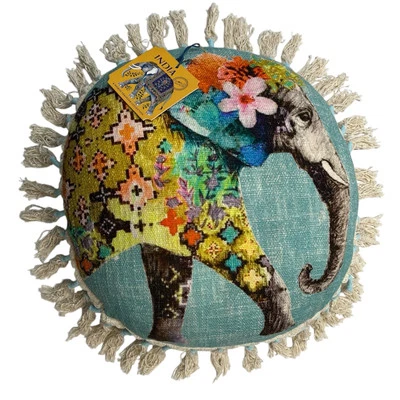 Throw Pillow World Travel Collection Elephant Needle Point Round Tasseled Boho - Image 1 of 4