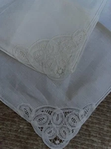 Lace Linen hankie's Belgium Battenburg  handkerchiefs 2 Vintage romantic - Picture 1 of 3
