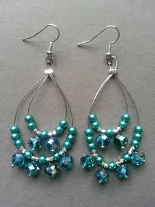 Earrings Handmade Teal Pearl & Crystal Double Loop Chandelier Drop Dangle - Picture 1 of 1