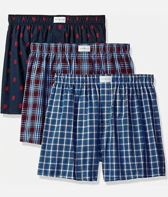 Men's Underwear Woven Cotton Boxers Tommy Hilfiger 3-PACK CHOOSE SIZE NWT Plaid - Image 1 of 4