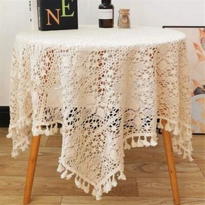 45" Vintage Hand Crochet Lace Tablecloth Square Lace Table Cloth Topper Wedding - Picture 1 of 7