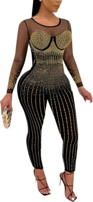 PORRCEY Mujeres Sexy Elegante Estrás Malla Ver a Través Bodycon Mono Fiesta 2X Foto 1 de 4