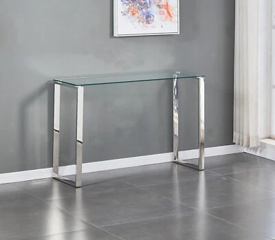 Tempered Glass Console Table Stainless Steel Chrome Legs Living Room Furniture - Image 1 of 4