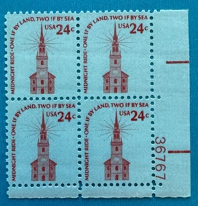US Stamps Scott 1603 24c 1975 plate block of Old North Church Boston M/NH - Picture 1 of 3
