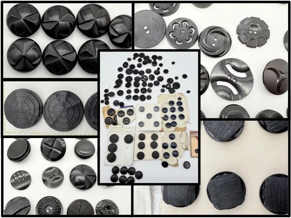 LOT Vintage Black Celluloid Carved Geometric Molded Bakelite Sewing Buttons 1 lb - Image 1 of 4