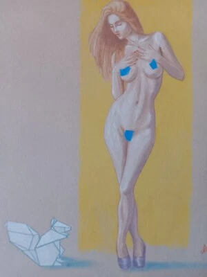 female nude figure drawing pastel pencils artist Jerome Cadd"Girl and Squirrel" - Image 1 of 4