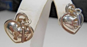 TIFFANY &Co Heart Padlock Lock & Key Earrings Sterling Silver Italy Rare - Picture 1 of 5