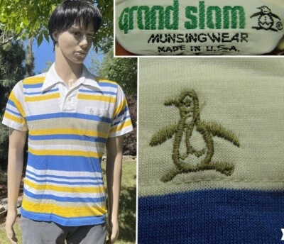 vtg Grand Slam Munsingwear penguin shirt thin USA MADE multi color polo mens MD - Imagem 1 de 4
