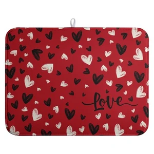 Valentines Day Dish Drying Mat 18x24" Red Black Love Heart Absorbent Kitchen - Picture 1 of 7
