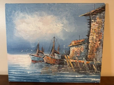 复古油画帆布渔船 Florence Wilkins Furst 24x20 签名 — 第 1/4 张图片