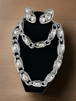 Demi Parure Silver Rodium Plated Paper Clip Design With Fuax Pearl Accents  - Image 1 of 4