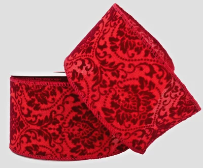 Christmas Red Baroque 2.5" by 4 yd Wired Ribbon Embossed Velvet Metallic Nice - Image 1 of 4