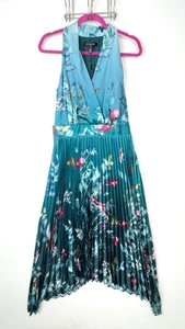 WHBM Größe 4 Midikleid neu mit Etikett ärmellos türkis Blumen Faltenrock Schalkragen 📋 I - Bild 1 von 13