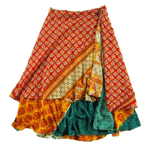 Darn Good Yarn langer Knöchel-Sari Wickelrock Seide rot grün orange Blumen Größe XL - Bild 1 von 4
