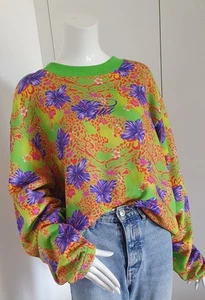 I.AM.GIA Oversized Jumper/Sweater Sz L Neon Hibiscus/Cheetah Print L/Sleeve - Picture 1 of 17