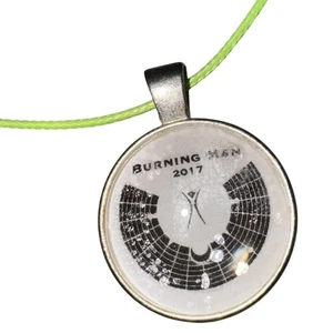 Burning Man 2017 Pendant Necklace Green Cord Silver Tone Black Rock City Logo - Picture 1 of 6