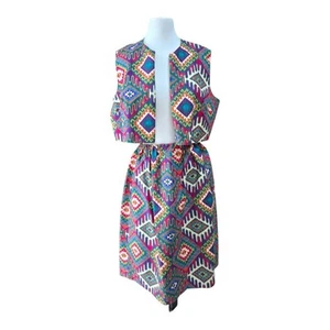 Funky Aztec Print Homemade? Two Piece Vest & Skirt Barkcloth Vintage Medium 70s - Picture 1 of 7