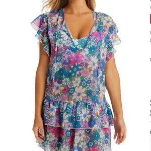 Jessica Simpson Tiered Ruffle Retro Vibrant Floral Swim Coverup Mini Dress Sheer - Picture 1 of 7