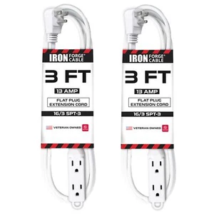 2 Pack 3 ft Flat Plug White Extension Cord with 3 Outlets - 16/3 SJTW 3 Prong... - Picture 1 of 7