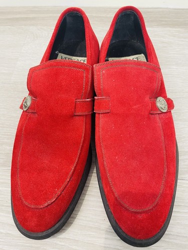 Scarpe mocassini vintage Versace ROSSO SCAMOSCIATO oro testa di medusa taglia 10