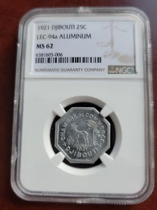 Djibouti 1921 Chambre De Commerce 25 cents token NGC MS-62 Extremely Rare in UNC - Picture 1 of 4