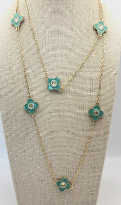 Collar Estación Flor Esmalte Turquesa 42" Chapado en Oro Cristal Acento Aleta Foto 1 de 4