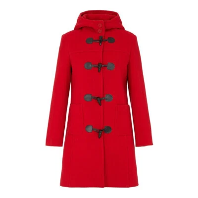 Women Red Classic Toggle Duffle Coat with Hood Jacket Winter Trench Coat - Image 1 of 4
