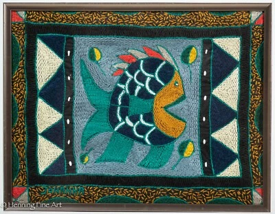 Hermoso bordado vintage de peces de colores firmado Johanna, enmarcado y encantador! Foto 1 de 4