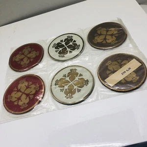 Vintage Textile Faux Leather Coasters Round Patch Fleur De Lis Gothic Ornamental - Picture 1 of 11