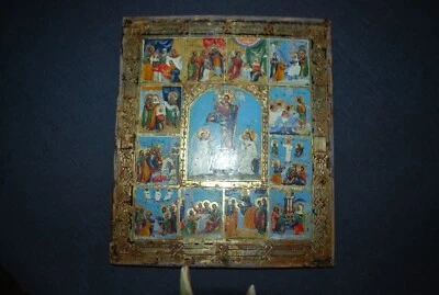 ICONE RUSSE ANCIENNE ORTHODOXE RELIGIEUSE 13 FETES MAJEURES 35,5 X 31 X 2 CM - Photo 1/4