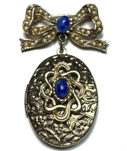 Vintage Jewelry Brooch Pin Gold Victorian Revival Locket Blue Seed Pearl Bow 33 - Picture 1 of 3