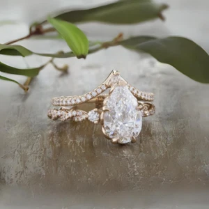 Juego de bandas de compromiso de oro rosa de 14 quilates diamante GLI HRD creado en laboratorio corte pera 2,50 quilates - Imagen 1 de 7