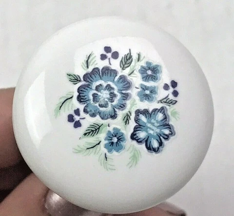 Vtg Ceramic knob round drawer cabinet pulls flowers white blue 70s replacement Cover