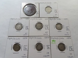 Monete R24 British Ceylon Queen Victoria per lo più argento gruppo misto 8 pezzi - Foto 1 di 2